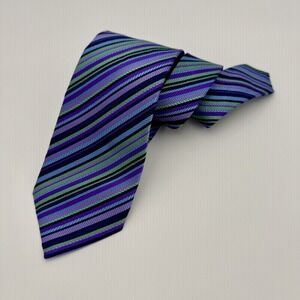 DUCHAMP LONDON MENS SILK TIE-RARE STUNNING MULTICOLOUR  BLUES 'PLATINUM STRIPE'